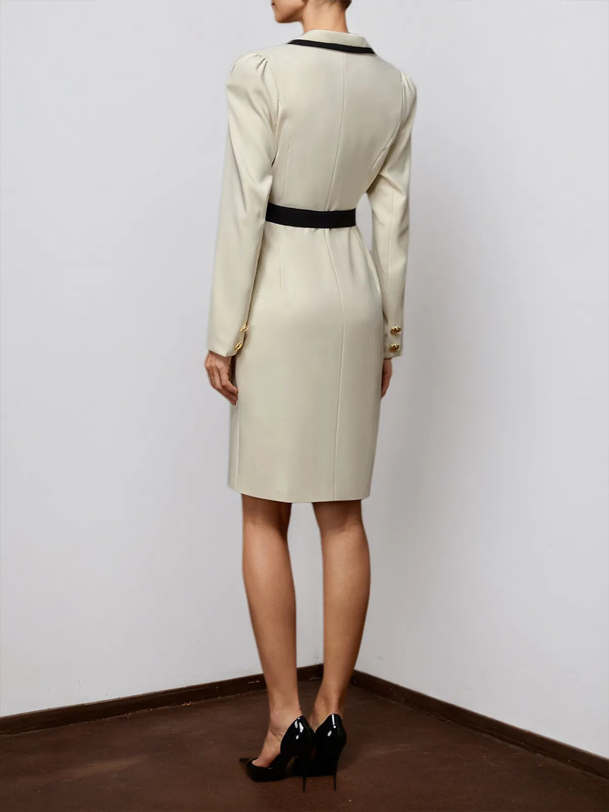 Off White Piping Lapel Collar Long Sleeve Sheath Midi Blazer Dress