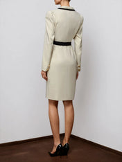Off White Piping Lapel Collar Long Sleeve Sheath Midi Blazer Dress