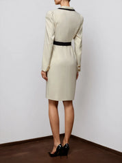 Off White Piping Lapel Collar Long Sleeve Sheath Midi Blazer Dress