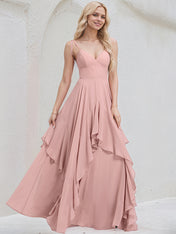 Dusty Rose Chiffon A Line Spaghetti Straps Floor Length Bridesmaid Dress With Cascading Ruffles