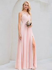 Blushing Pink A-Line Scoop Floor-Length Lace Chiffon Bridesmaid Dress
