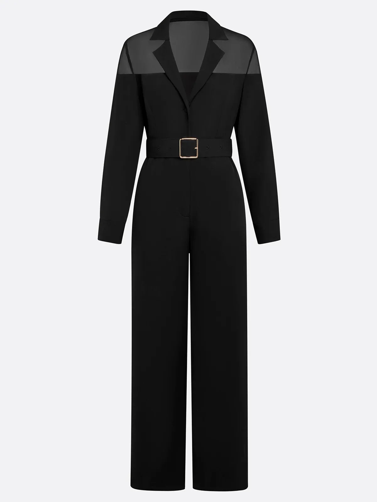 Women Black Mesh Lapel Collar Long Sleeve Dressy Jumpsuit