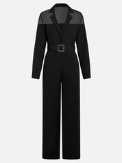 Women Black Mesh Lapel Collar Long Sleeve Dressy Jumpsuit
