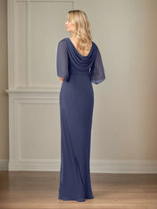 Sheath/Column Boat Neck 1/2 Sleeve Floor Length Chiffon Dress With Beadings