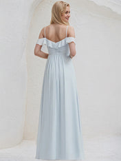 Ice Blue Chiffon A Line Off the Shoulder Sleeveless Floor Length Bridesmaid Dress With Ruffle