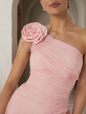 Pink 3D Floral Chiffon One Shoulder Sleeveless Sheath Gown Dress