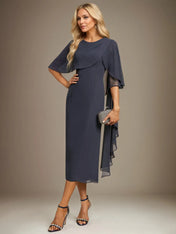 Sheath/Column Scoop Tea Length Chiffon Dress With Pleated Beading