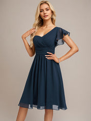 Dark Navy A-Line One Shoulder Knee-Length Chiffon Bridesmaid Dress With Ruffle