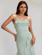Agave Chiffon A Line Spaghetti Straps Sleeveless Floor Length Bridesmaid Dress With Ruffle