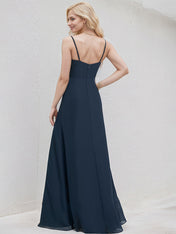 Dark Navy Chiffon A Line Spaghetti Straps Sleeveless Floor Length Bridesmaid Dress