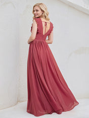 Cinnamon Rose Chiffon A Line V Neck Sleeveless Floor Length Bridesmaid Dress