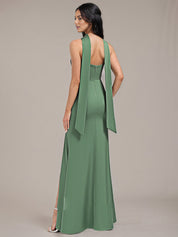 Eucalyptus Sheath/Column Spaghetti Straps Floor-Length Satin Bridesmaid Dress With Scarf