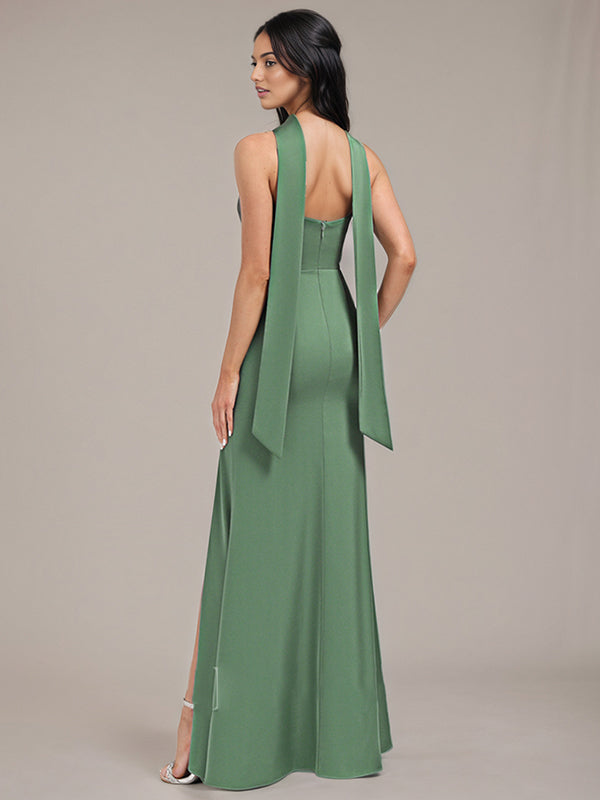 Eucalyptus Sheath/Column Spaghetti Straps Floor-Length Satin Bridesmaid Dress With Scarf