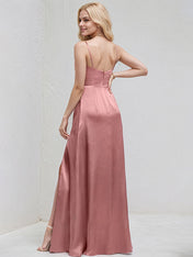 Mauve Satin A Line Spaghetti Straps Sleeveless Floor Length Bridesmaid Dress