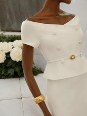 Women White Sash Buckle Off The Shoulder Short Sleeve Top With Skirt Two-Piece Set