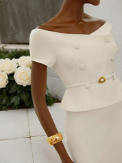 Women White Sash Buckle Off The Shoulder Short Sleeve Top With Skirt Two-Piece Set