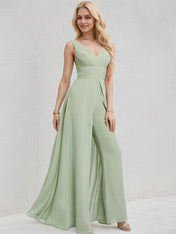 Celadon Chiffon Jumpsuit/Pantsuit V Neck Sleeveless Floor Length Bridesmaid Dress