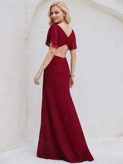Burgundy Chiffon A Line V Neck Short Sleeves Floor Length Bridesmaid Dress With Ruffle