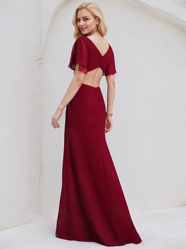 Burgundy Chiffon A Line V Neck Short Sleeves Floor Length Bridesmaid Dress With Ruffle