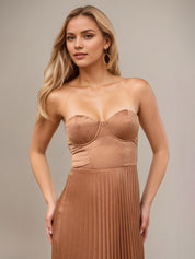 Light Brown Satin A Line Sweetheart Sleeveless Tea Length Bridesmaid Dress