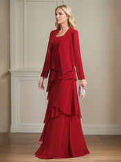 Chiffon Square Neck Sleeveless Floor Length Pleated Mother of the Bride Dresses With Jacket