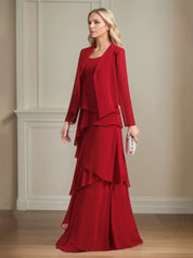 Chiffon Square Neck Sleeveless Floor Length Pleated Mother of the Bride Dresses With Jacket