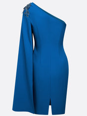 Blue Applique Hotfix Embellished Asymmetric Classic One Shoulder Sleeveless Sheath Midi Dress