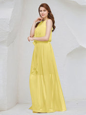Yellow Chiffon A Line Halter Neck Sleeveless Floor Length Bridesmaid Dress