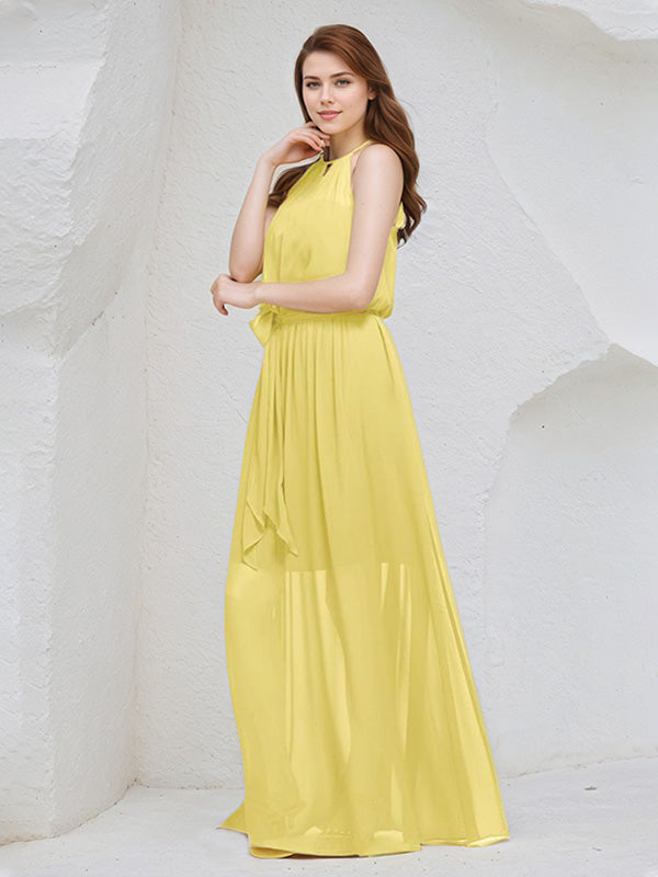 Yellow Chiffon A Line Halter Neck Sleeveless Floor Length Bridesmaid Dress