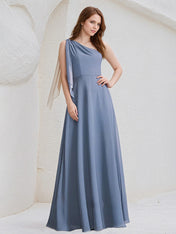 Navy Blue A-Line One Shoulder Floor-Length Chiffon Bridesmaid Dress With Bow