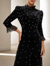 Black Beaded Mock Neck Three Quarter Sleeve A-Line Maxi Velvet Dress