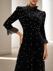 Black Beaded Mock Neck Three Quarter Sleeve A-Line Maxi Velvet Dress