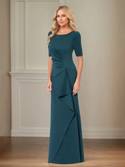 Trumpet/Mermaid Scoop Neck Short Sleeve Floor Length Stretch Crepe Mother of the Bride Dress With Ruffles