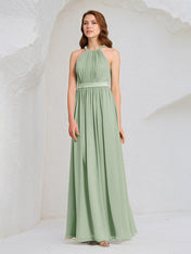 Sage Chiffon A Line Halter Neck Sleeveless Floor Length Bridesmaid Dress