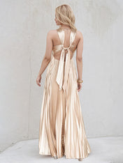 Champagne A Line Satin Cross Neck Sleeveless Floor Length Dress