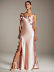 Blush Pink Satin Sheath/Column Asymmetrical Sleeveless Floor Length Bridesmaid Dress
