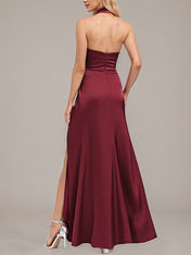 Burgundy Sheath/Column Halter Floor-Length Satin Bridesmaid Dress With Ruched