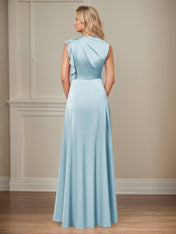 Sky Blue A Line Satin High Neckline Sleeveless Floor Length Mother of the Bride Dresses