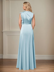 Sky Blue A Line Satin High Neckline Sleeveless Floor Length Mother of the Bride Dresses