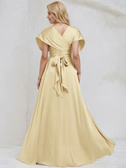 Champagne Satin A Line V Neck Short Sleeves Floor Length Bridesmaid Dress