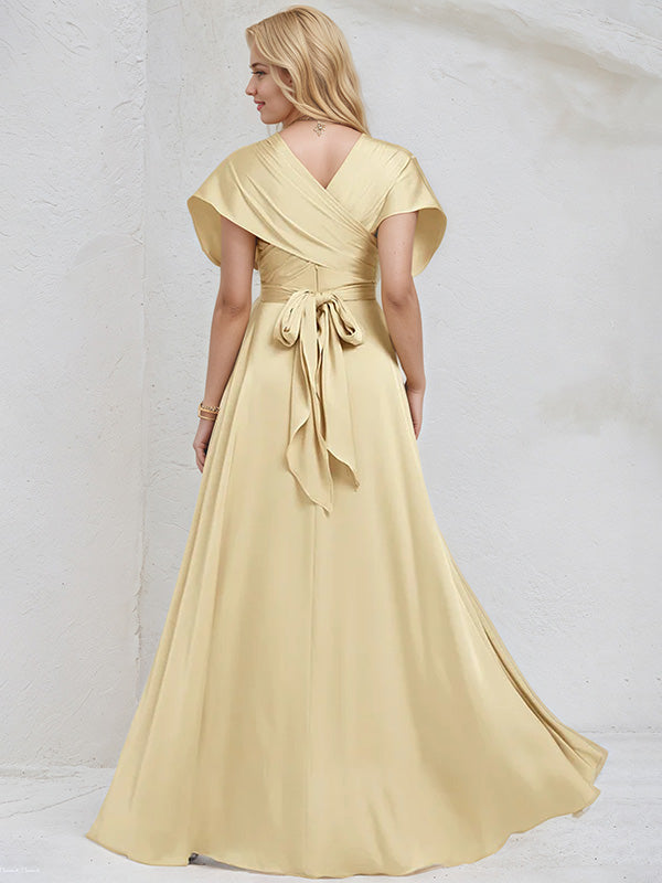 Champagne Satin A Line V Neck Short Sleeves Floor Length Bridesmaid Dress