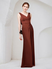 Burgundy Chiffon Sheath/Column V Neck Sleeveless Floor Length Bridesmaid Dress