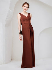 Burgundy Chiffon Sheath/Column V Neck Sleeveless Floor Length Bridesmaid Dress