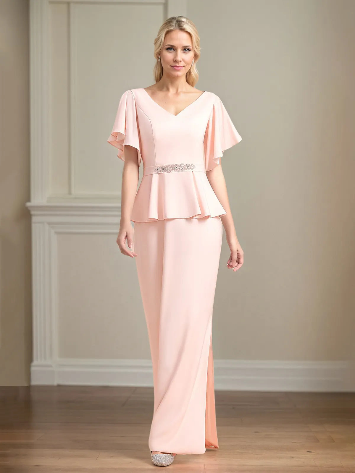 Chiffon V Neck Short Sleeves Floor Length Pleated Mother of the Bride Dresses With Ruffles