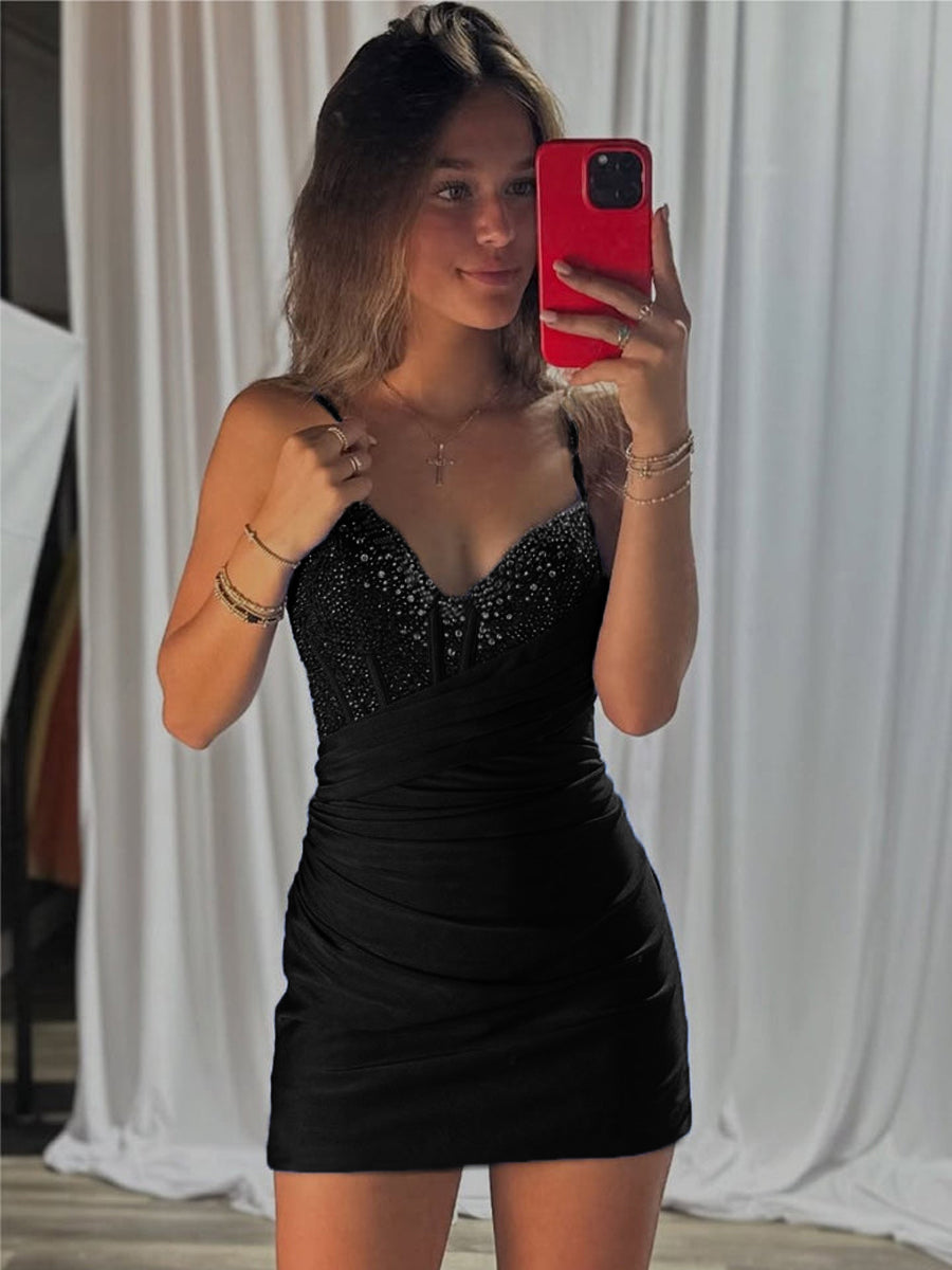 Royal Blue Beaded V Neck Corset Bodice Homecoming Dress