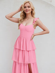 Pink Chiffon A Line V Neck Sleeveless Ruched  Floor Length Bridesmaid Dress