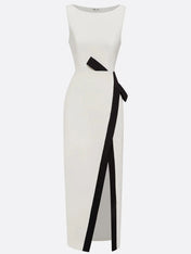 White Piping Classic Crew Neck Sleeveless Sheath Maxi Dress