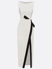 White Piping Classic Crew Neck Sleeveless Sheath Maxi Dress