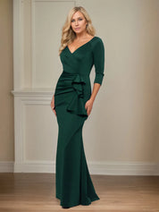 Trumpet/Mermaid V Neck 3/4 Sleeve Floor Length Stretch Crepe Mother of the Bride Dress With Ruffles