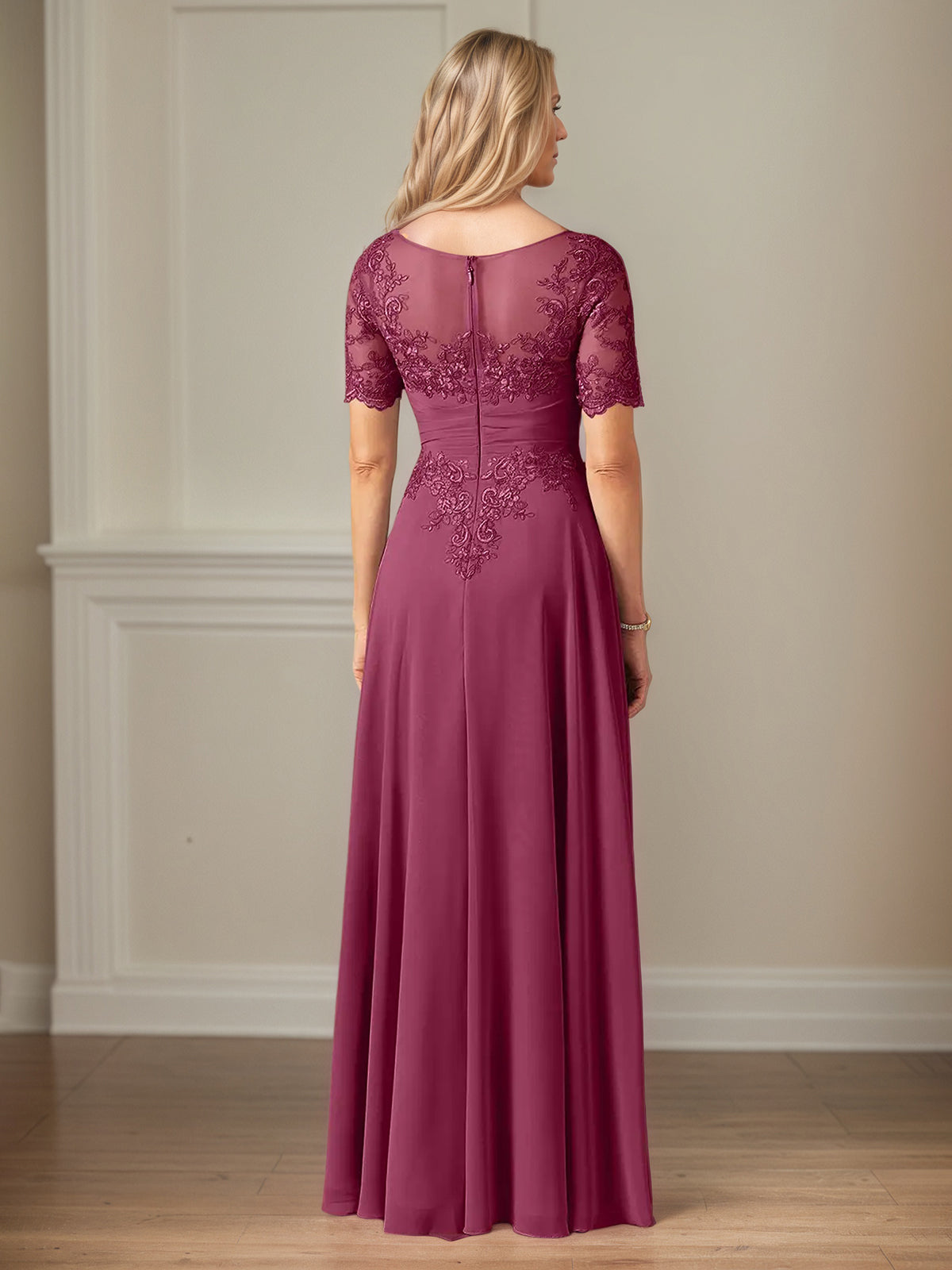 A Line Chiffon Scoop Neck Short Sleeves Floor Length Mother of the Bride Dresses With Appliques